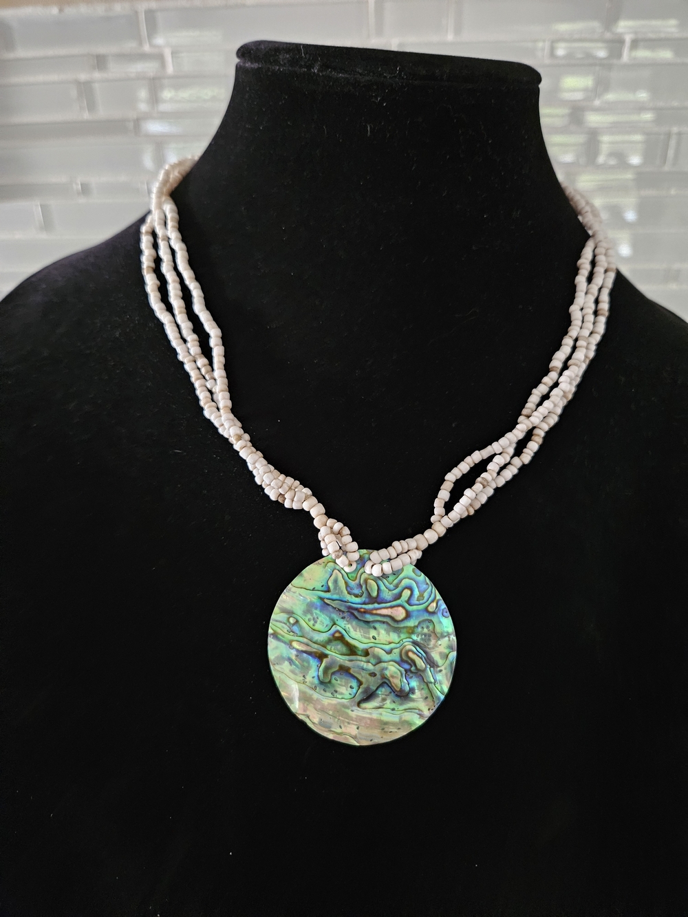 Vintage Paua Abalone Shell Pendant Necklace with White Beaded Strand